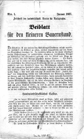 Beiblatt für den kleinen Bauernstand Januar 1857