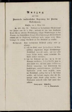 Auszug aus dem Protokolle kurfürstlicher Regierung der Provinz Niederhessen.