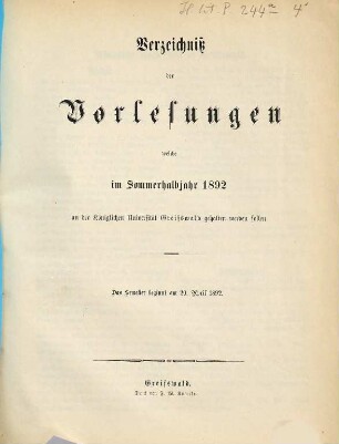 Verzeichnis der Vorlesungen der Universität zu Greifswald. 1892 SH