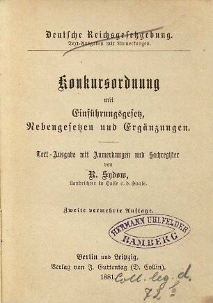 Konkursordnung mit Einführungsgesetz, Nebengesetzen und Ergänzungen : Text-Ausgabe mit Anmerkungen und Sachregister