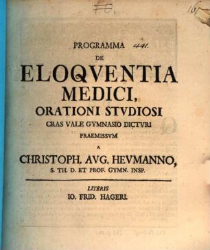 Programma De Eloquentia Medici : Orationi Studiosi Cras Vale Gymnasio Dicturi Praemissum