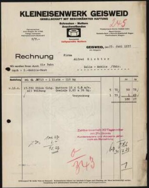 Firmenbriefkopf Kleineisenwerk Geisweid, Gesellschaft mit beschränkter Haftung, Schrauben - Muttern - Anschweißenden