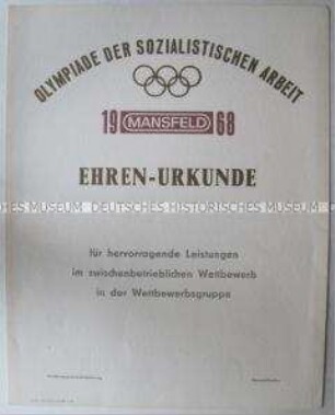 Vordruck der Ehrenurkunde zur "Olympiade der sozialistischen Arbeit" im Mansfeld-Kombinat (blanko)