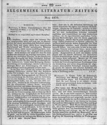 Wedemeyer, G. L. H. K.: Untersuchungen über den Kreislauf des Bluts und insbesondere über die Bewegung desselben in den Arterien und Capillargefässen. Mit erklärenden Hindeutungen auf pathologische Erscheinungen. Hannover: Hahn 1828 (Beschluss der im vorigen Stück abgebrochenen Rezension)