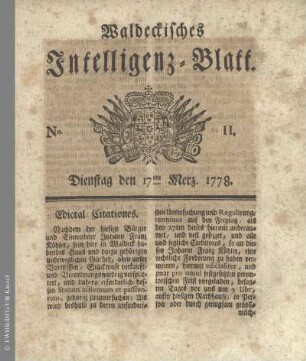 No. 11. Dienstag den 17ten Merz 1778