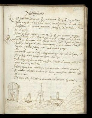 Federzeichnung: Chemische Geräte in einer Landschaft mit Burg, mit Legende