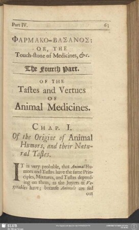 The Fourth Part. Of The Tastes and Vertues Of Animal Medicines
