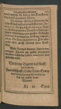 Die dritte Tugend deß fünfften Gebotts. Freundschafft/ Liebe/ Trew/ Eynigkeit/ Versöhnung/ Eynträchtigkeit im Leben unnd Wandel.