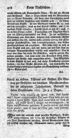 Paroli au même. Tisserant und Gaßner. Ein Beytrag zur Geschichte des deutschen Menschenverstandes im achtzehnten Jahrhunderte.