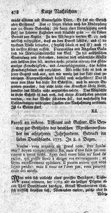 Paroli au même. Tisserant und Gaßner. Ein Beytrag zur Geschichte des deutschen Menschenverstandes im achtzehnten Jahrhunderte.
