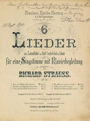 6 Lieder aus "Lotosblätter" von Adolf Friedrich Graf von Schack : für eine Singstimme mit Klavierbegleitung ; op. 19, 2. "Breit über mein Haupt dein schwarzes Haar"