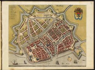 Stadtplan von Emden , 1: 2 700, kolorierter Kupferstich, um 1657 : Emda Vulgo Embden - [Ca. 1:2.700] /[Amsterdam] : [Ioannes Ianssonius], [1657]. - 1 Vogelschaukarte : 1 Kupferst. ; 49,2 x 39,6 cm. - Mit 1 Wappen. - Mit Gebäudeverz. - Titel oben. - Vermutl. aus: Theatrum Exhibens Illustriores Principesque Germaniae Superioris Civitates [Theatrum / 1] / Jansson, Jan. - Amstelodami//Amsterdam : Ioannes Ianssonius, 1657