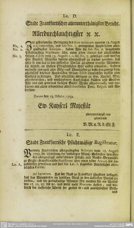 Lit. E. Stadt Frankfurtische Pflichtmäßige Registratur