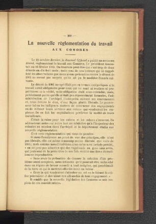 La nouvelle règlementation du travail. Aux Comores.