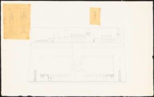 Tempel und Osiris-Statuen, Theben (?): Zwei Ansichten mit Pylon (des Ramasseums?) und Säulen, Schnitte des Tempels, Vorder- und Seitenansicht Osiris-Statuen, Vorderansicht eines heraustretenden Gottes (zwei Transparentzeichnungen neben Tuschezeichnung auf Papier montiert)