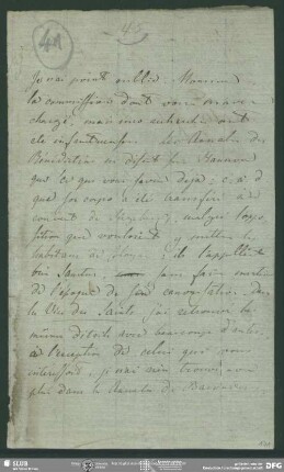 Eigenh. Brief von J. G. Herry an August Wilhelm von Schlegel, o.O., ohne Datumsangabe