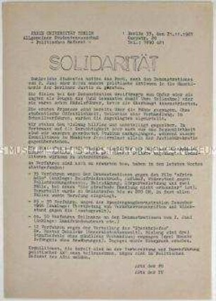 Hektografiertes Propagandaflugblatt des AStA der FU Berlin zur Solidarität mit verhafteten und verurteilten Studenten