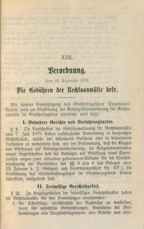 XIII. Verordnung. Vom 24. September 1879. Die Gebühren der Rechtsanwälte betr.