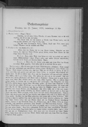 Bestattungsfeier Dienstag, den 22. Januar 1929, vormittags 11 Uhr