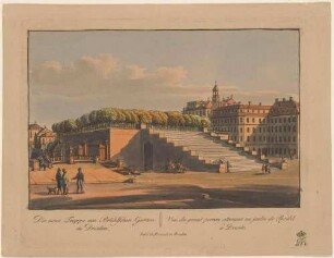 Dresden, die Treppe zur Brühlschen Terrasse vom Schlossplatz nach Osten, rechts das Fürstenbergische Haus (Finanzhaus) und das Palais Brühl (um 1900 für Ständehaus abgerissen)