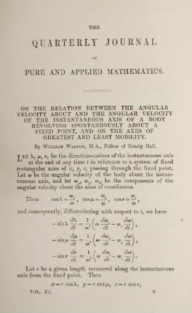 On the relation between the angular velocity about and the angular velocity of the instantaneous axis of a body revolving spontaneously about a fixed point, and on the axes of greatest and least mobility.