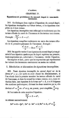 Chapitre IV. Équations et problèmes du second dégré à une seule inconnue.