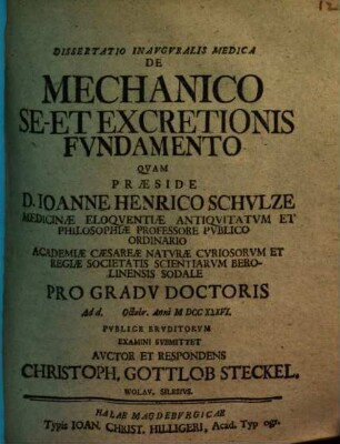 Dissertatio Inavgvralis Medica De Mechanico Se- Et Excretionis Fvndamento