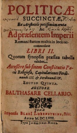 Politicae Succinctae, Ex Aristotele potissimum erutae Ac Ad praesentem Imperii Romani statum multis in locis accommodatae Libri II
