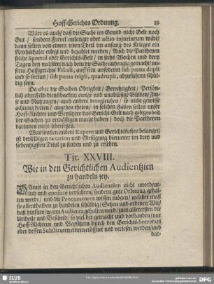 Tit. XXVIII. Wie in den Gerichtlichen Audientzien zu handeln sey