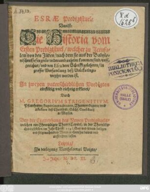 Esrae Predigtstuel/ Das ist: Die Historia von Ersten Predigtstuel/ welcher zu Jerusalem von den Jüden ... auffgerichtet ...