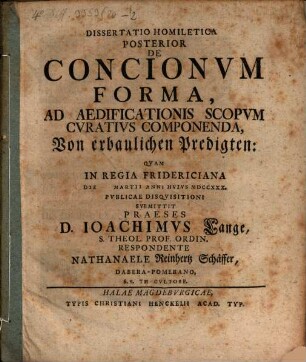 Diss. poster. de concionum forma, ad aedificationis scopum curatius componenda