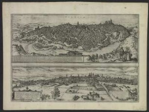 Vogelschauansichten von Toledo und Valladolid, Radierung, 1593 : Toletvm : praecipva in Hispania civitas ; Cum Privilegio | Vallisoletvm / [Stecher: Franz Hogenberg. Hrsg.: Georg Braun]. - [Coloniae Agrippiae] : [Auctores] , [1593]. - 2 Vogelschauansichten auf 1 Bl. : Radierung ; Blattgr. 48 x 34 cm +++ Auch ersch. in: Civitates orbis terrarvm, T. III. - Mit Erl. auf der Rückseite