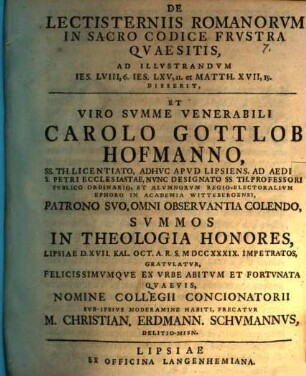De Lectisterniis Romanorvm In Sacro Codice Frvstra Qvaesitis, Ad Illvstrandvm Ies. LVIII,6. Ies. LXV,II. et Matth. XVII,15. Disserit