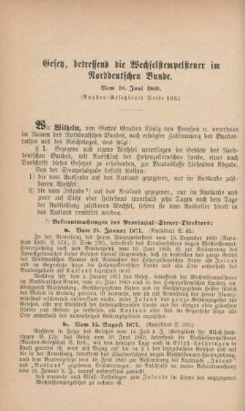 Gesetz, betreffend die Wechselstempelsteuer im Norddeutschen Bunde. Vom 10. Juni 1869