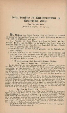Gesetz, betreffend die Wechselstempelsteuer im Norddeutschen Bunde. Vom 10. Juni 1869