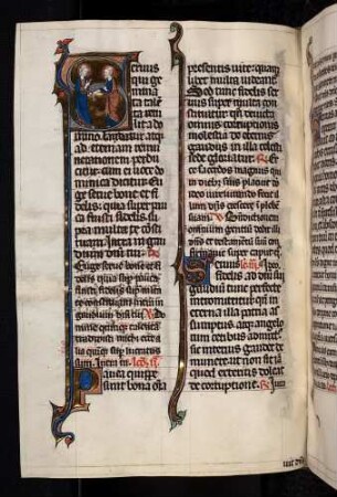 Historisierte Initiale: S(ervus qui geminata talenta retulit): Christus im Gespräch mit einem Apostel