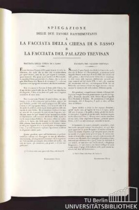 Spiegazione delle due tavole rappresentanti I. La facciata della chiesa di S. Basso II. La facciata del Palazzo Trevisan