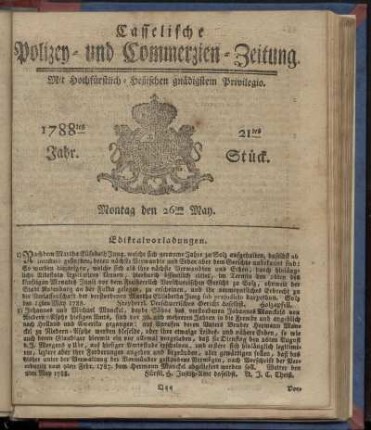 21tes Stueck, Montag den 26ten May. 1788
