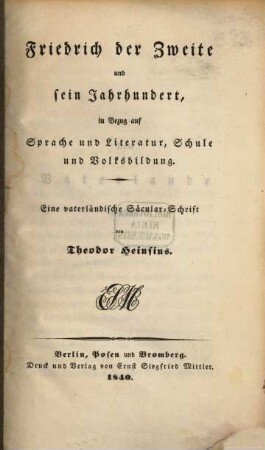 Friedrich der Zweite und sein Jahrhundert in Bezug auf Sprache und Literatur, Schule und Volksbildung