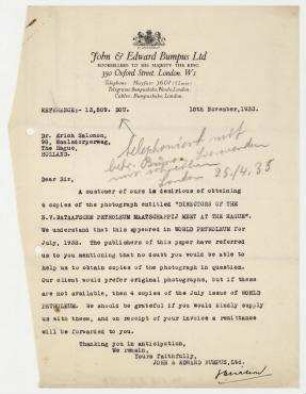 Brief von John & Edward Bumpus Ltd., London an Erich 'Salomon