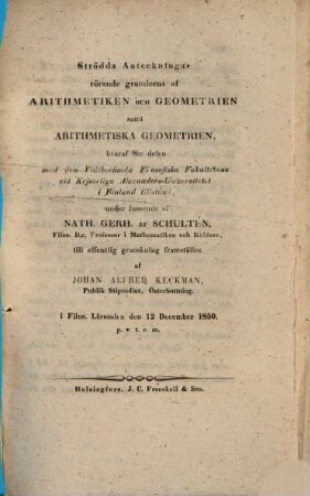 Strödda Anteckningar rörande grunderna af Arithmetiken och Geometrien, samt Arithmetiska Geometrien : Respond., 8