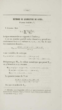 Méthode de quadrature de Cotes; d'après Gauss.