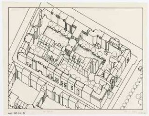 Wohnhaus Gardes-du-Corpes-Straße sowie Doppelhaus und Torhaus Spandauer Damm, Berlin-Charlottenburg: Isometrie Gardes-du-Corpes-Str. und Rückansichten Doppelhaus Spandauer Damm 57/59 sowie Torhaus mit Gartenhauszeile Spandauer Damm 61