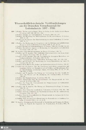 Wissenschaftlich-technische Veröffentlichungen aus der Deutschen Versuchsanstalt für Lederindustrie 1897-1938