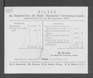 1875: Bilanz der Deposito-Casse der Hamburgischen Allgemeinen Versorgungs-Anstalt