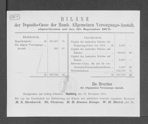 1875: Bilanz der Deposito-Casse der Hamburgischen Allgemeinen Versorgungs-Anstalt