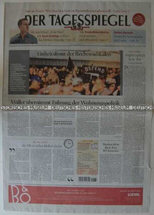 Tageszeitung "Der Tagesspiegel" mit Titel zu einem rechtsradikalen "Schweigemarsch" in Chemnitz