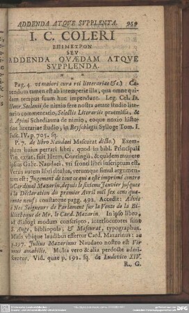 Accedunt Eiusdem Supplementa Jo. Christoph. Coleri Analecta