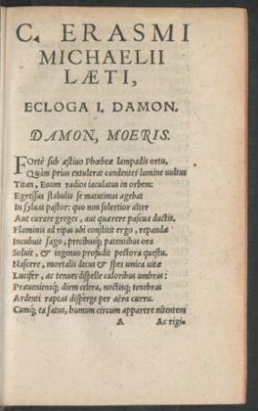 C. Erasmi Michaelii Laeti, Ecloga I. Damon.