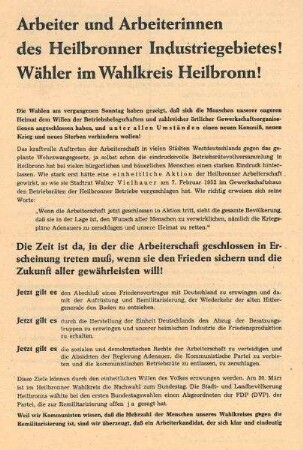 Flugblatt der KPD Kreis HN zur Aufstellung einers Einheitskandidaten zur Bundestagsnachwahl (Verantw. W. Vielhauer)